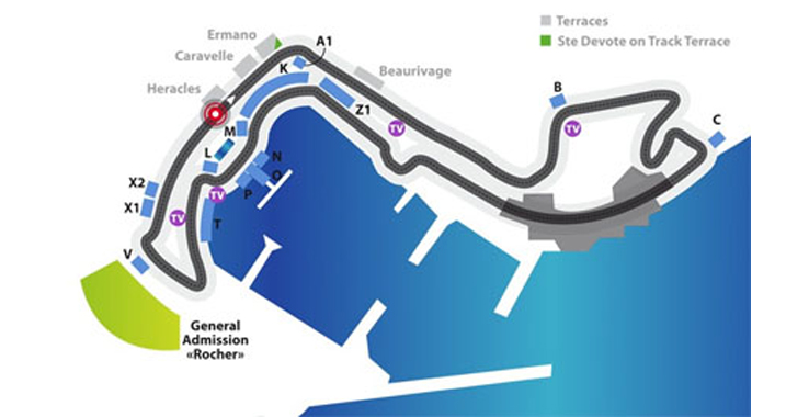 Plan du circuit de formule 1 de Monaco et vue des tribunes